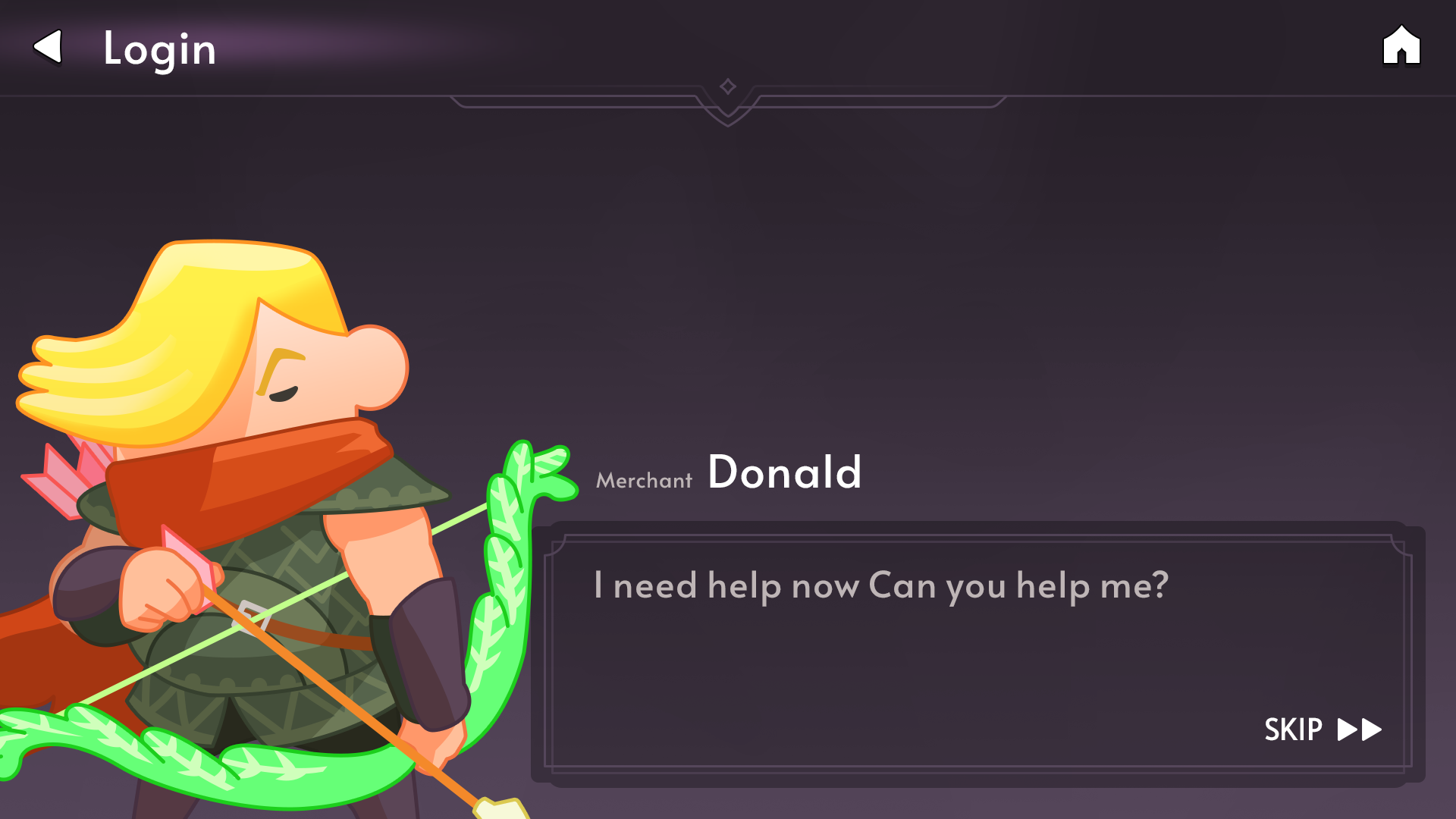 Fantasy RPG mobile game tutorial dialogue screen with archer character and message box, showing merchant Donald asking for help, Layerlab, store.layerlab