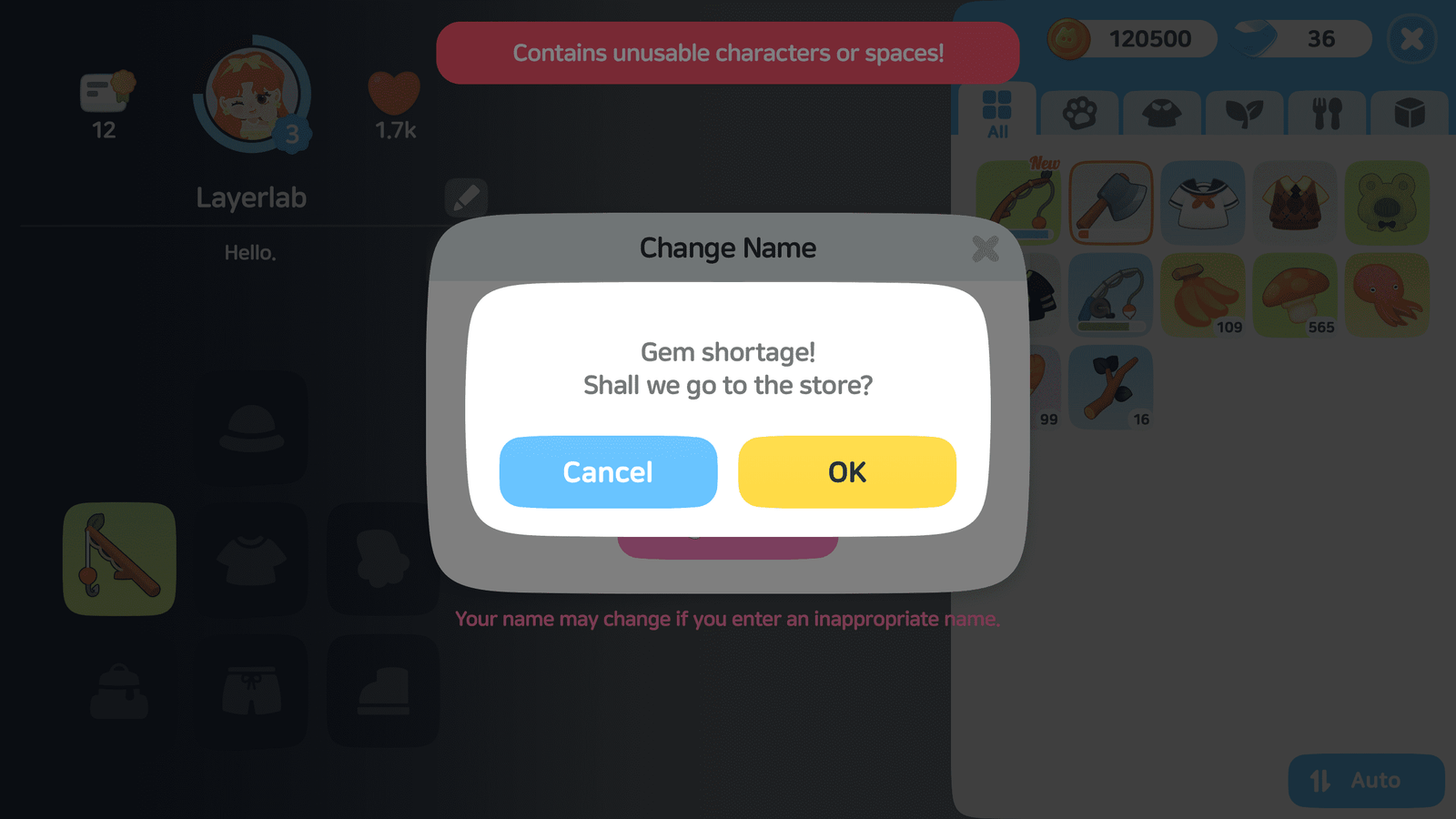 LayerLab Shop GUI life game interface popup showing equipment options with detailed icons and vibrant design elements.
