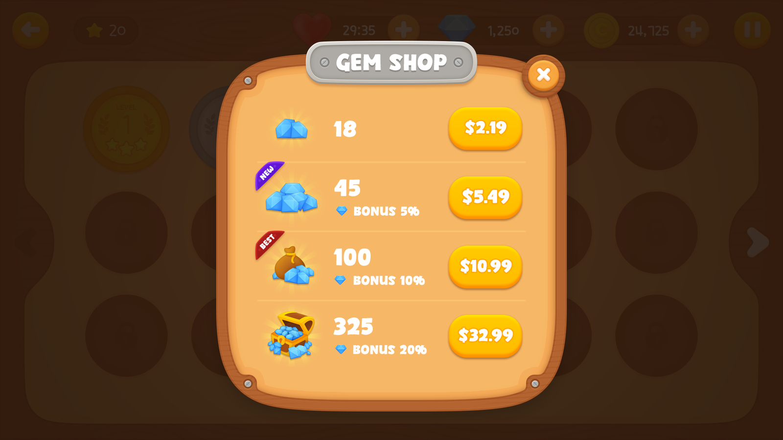 LayerLab Shop GUI wooden interface with a colorful gem design, showcasing a sleek and modern digital interface element.