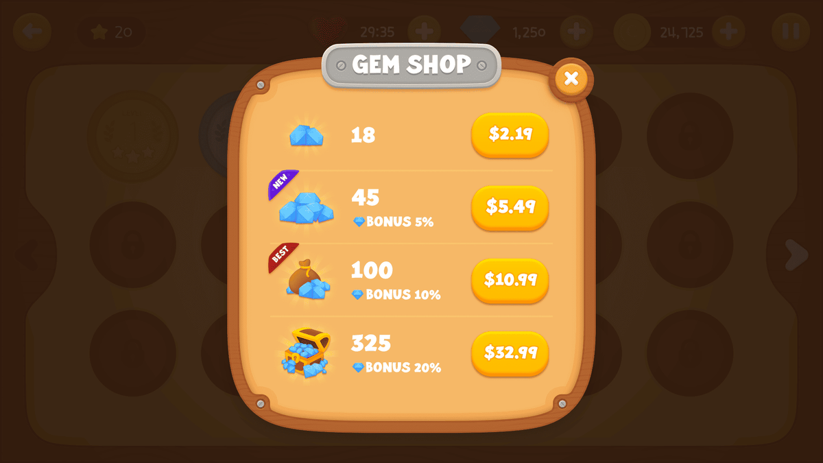 LayerLab Shop GUI wooden interface with a colorful gem design, showcasing a sleek and modern digital interface element.