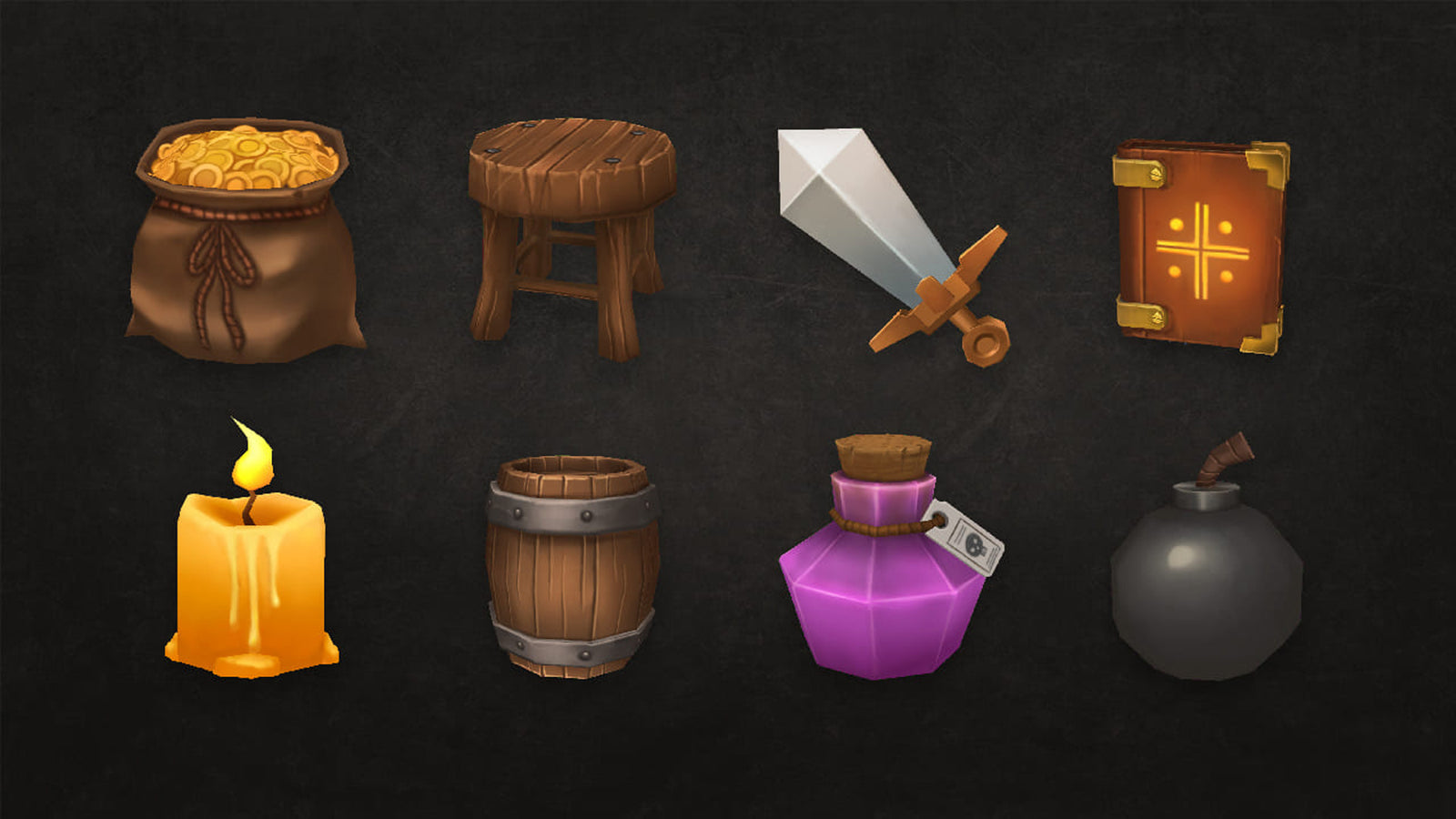 3D RPG icons set by LAYERLAB Shop displayed on screen, featuring various fantasy-style symbols and game-related graphics.