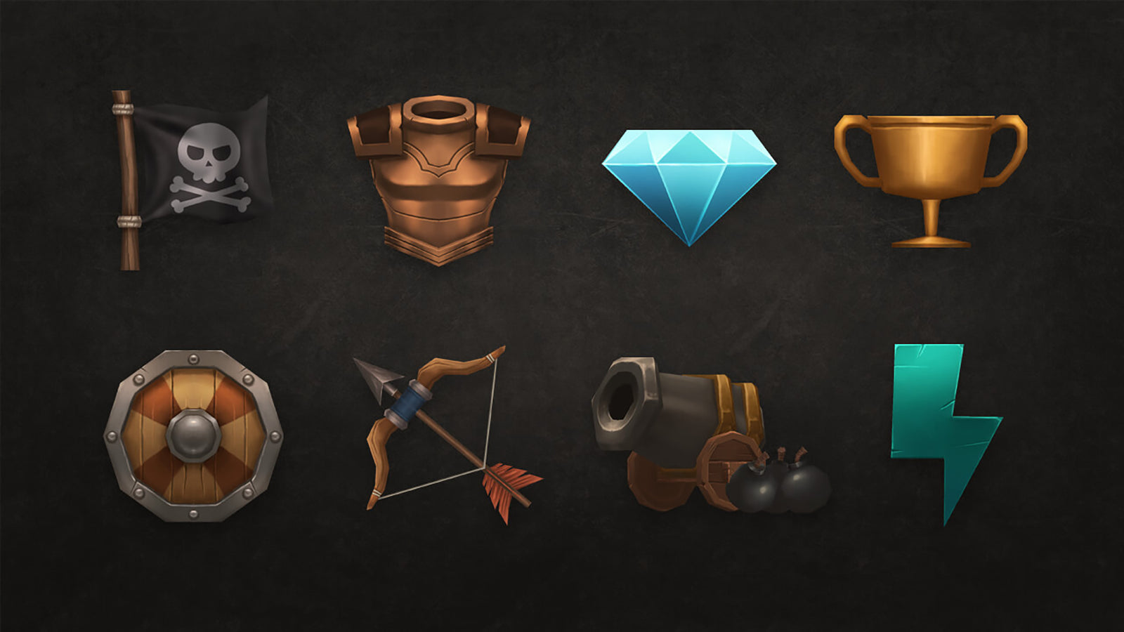 3D RPG icons set by LAYERLAB Shop featuring detailed fantasy-themed symbols on a dark background.