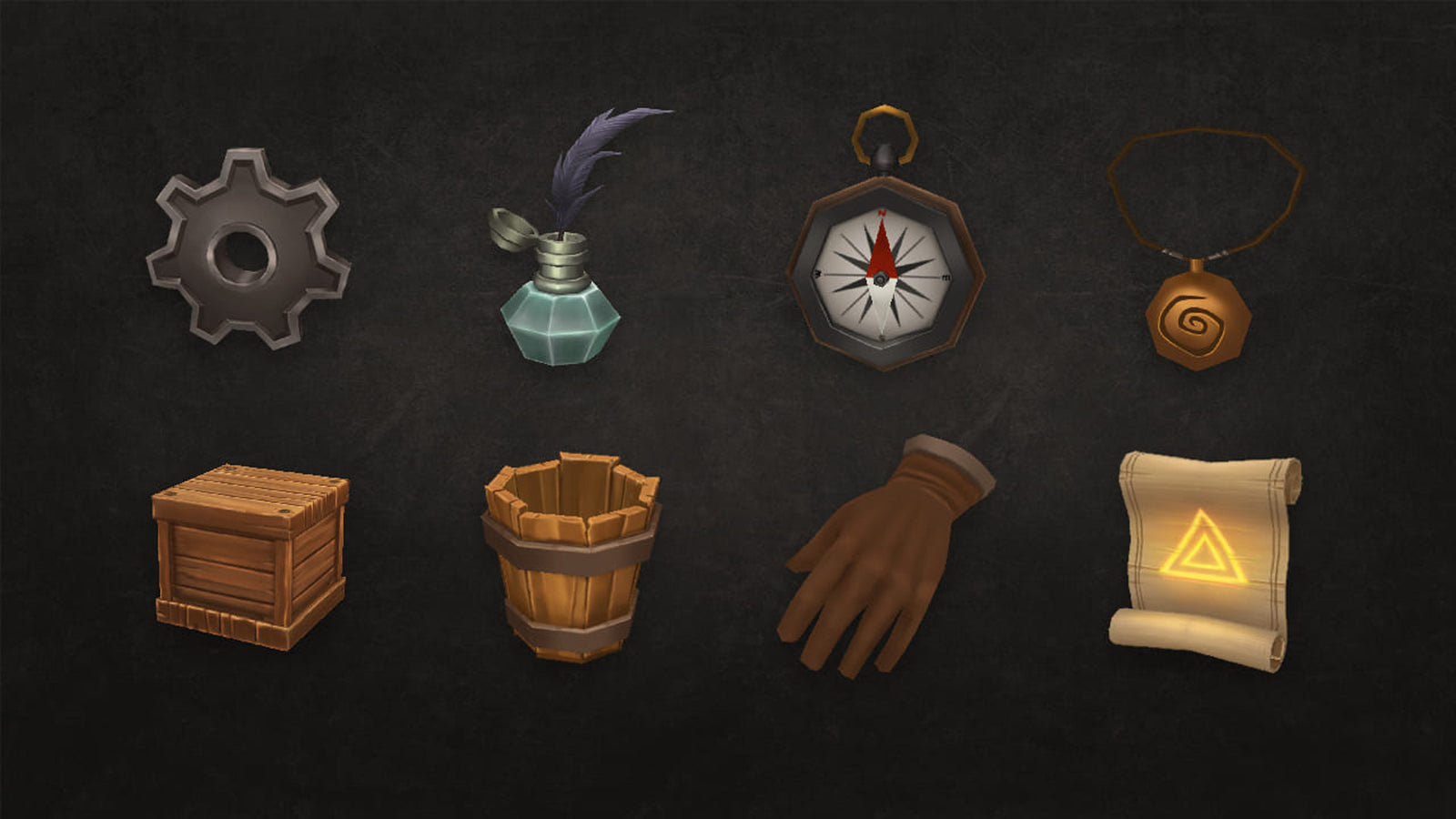 3D RPG icons from LAYERLAB Shop, showcasing a variety of detailed fantasy-themed game props and character symbols.