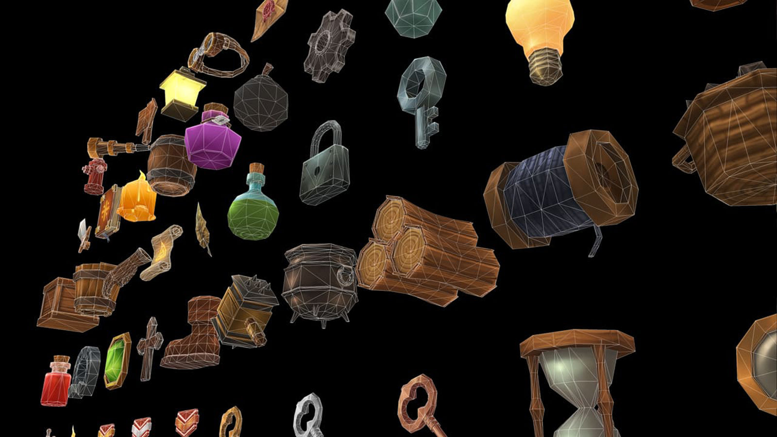 3D RPG icons set from LAYERLAB Shop showing various colorful, detailed fantasy-themed game symbols on a digital screen.