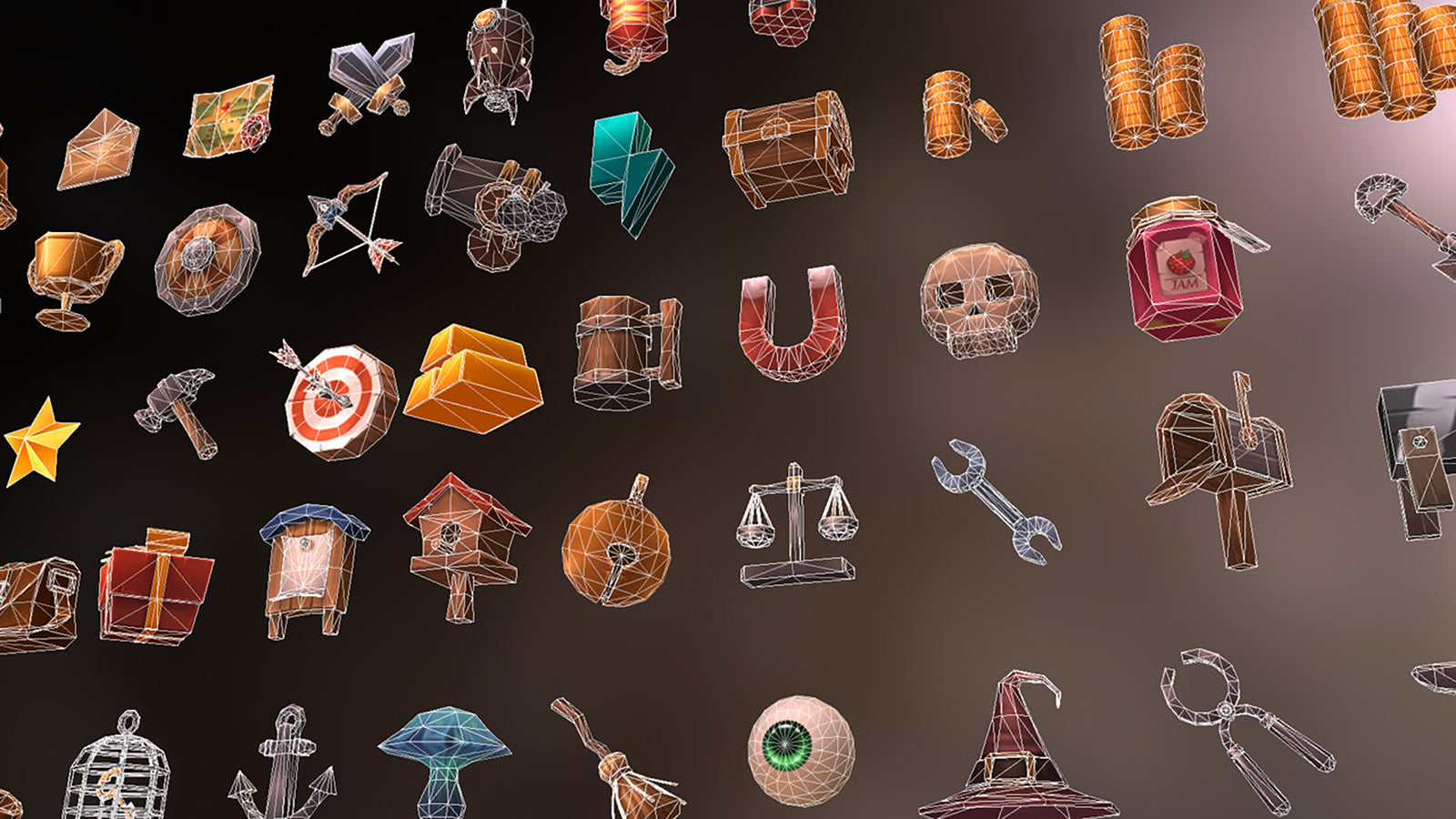 3D RPG icons from LAYERLAB Shop showing various fantasy-themed symbols and character emblems on a digital screen.