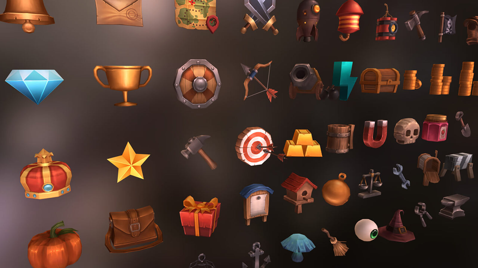 3D RPG icons from LAYERLAB Shop, featuring 3D props and fantasy game symbols in vibrant detail.