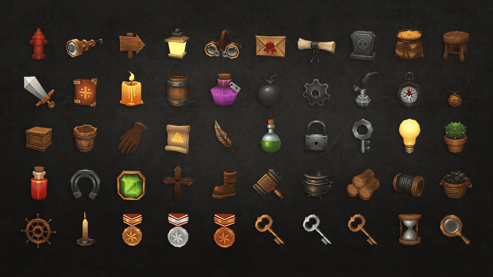 3D RPG icons from LAYERLAB Shop, featuring detailed game props and symbols for role-playing game design.