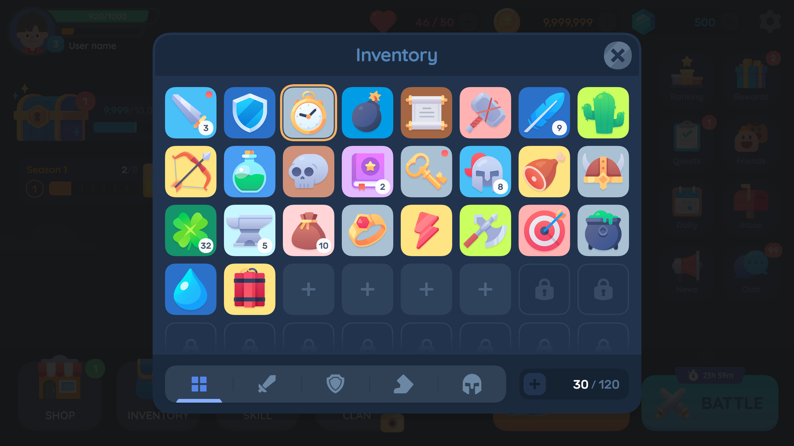 Simple casual GUI interface design by LAYERLAB Shop shown in the image, featuring inventory layout with clean, minimal style.