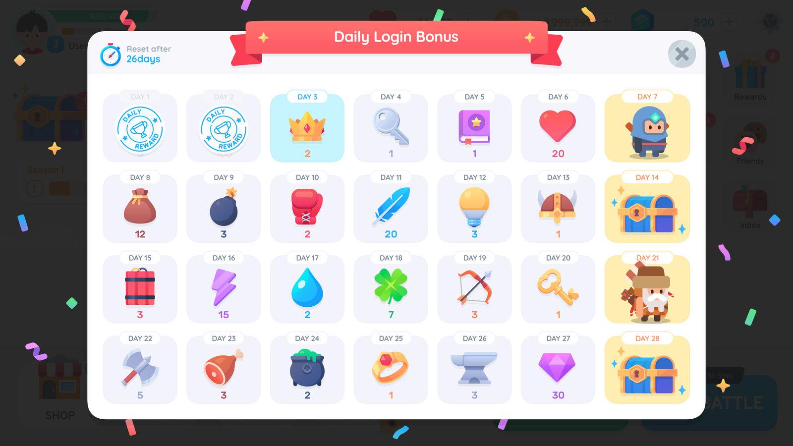 LayerLab GUI Pro simple casual interface showing a 28-day daily bonus calendar with icons and clean design.