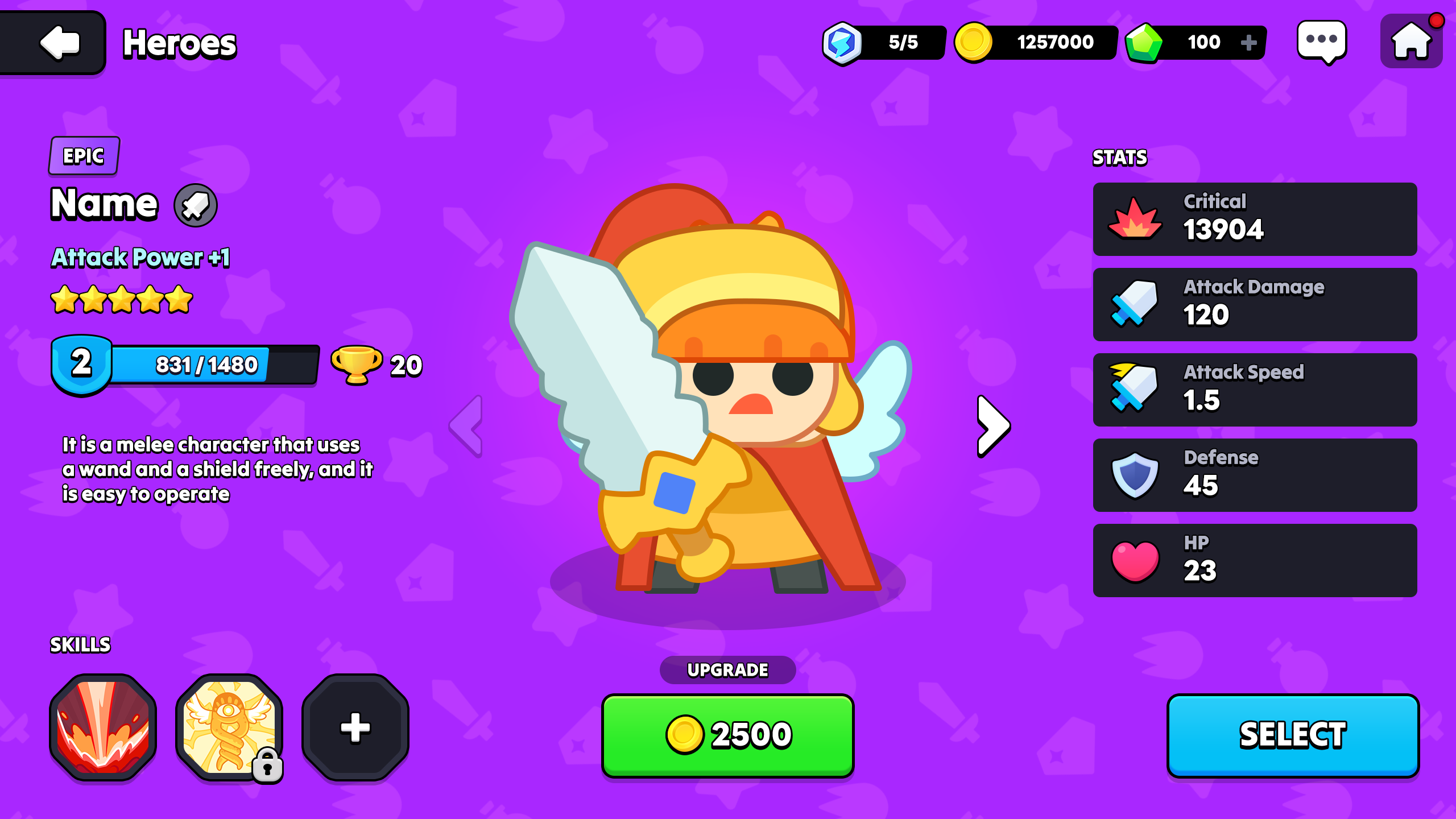 Character detail screen showing epic hero stats such as critical, damage, speed, and defense, with upgrade button and skill icons, casual fantasy RPG UI, Layerlab, store.layerlab