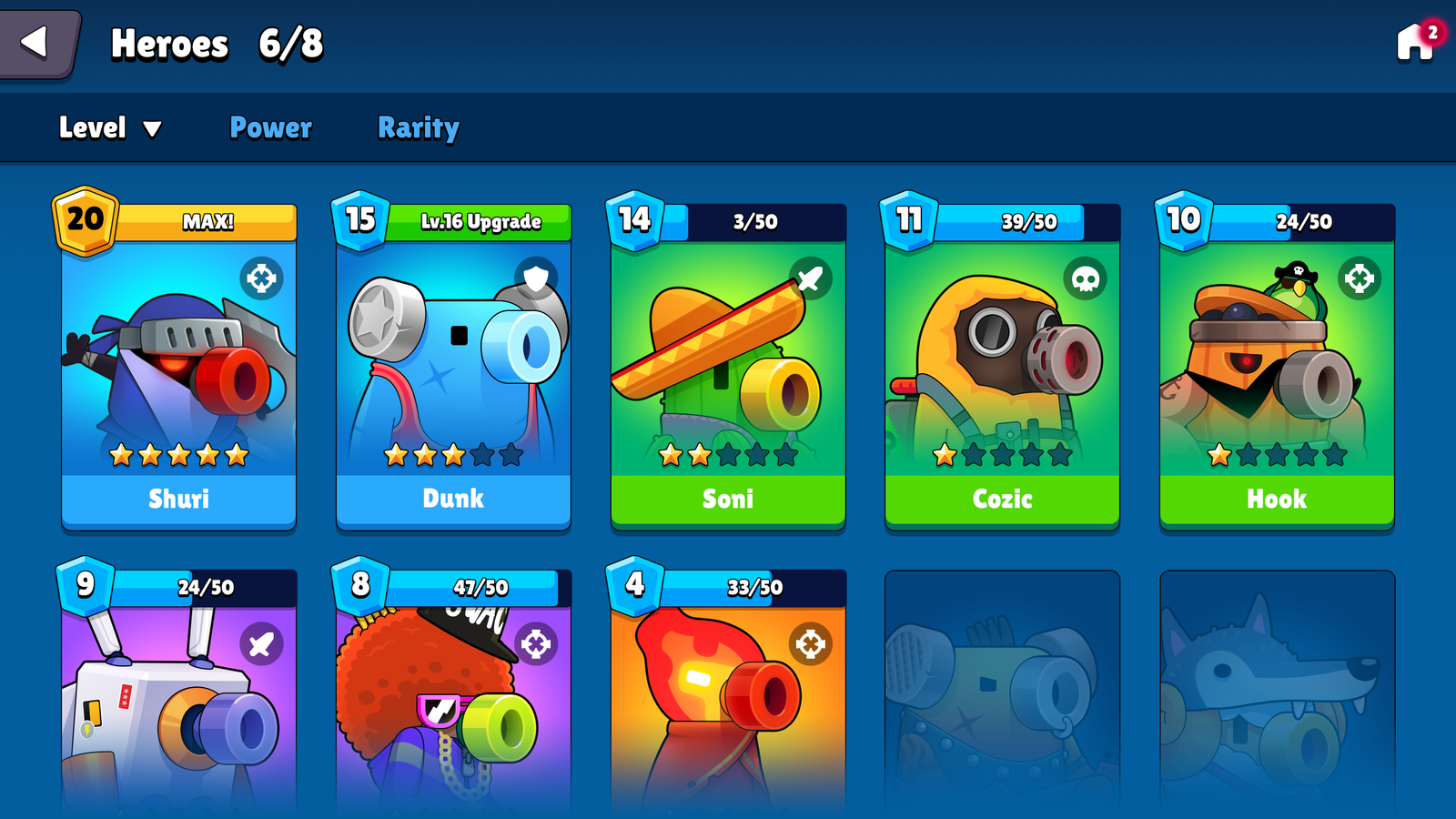 GUI Pro casual game interface showing character list screen with colorful character icons and user-friendly layout.