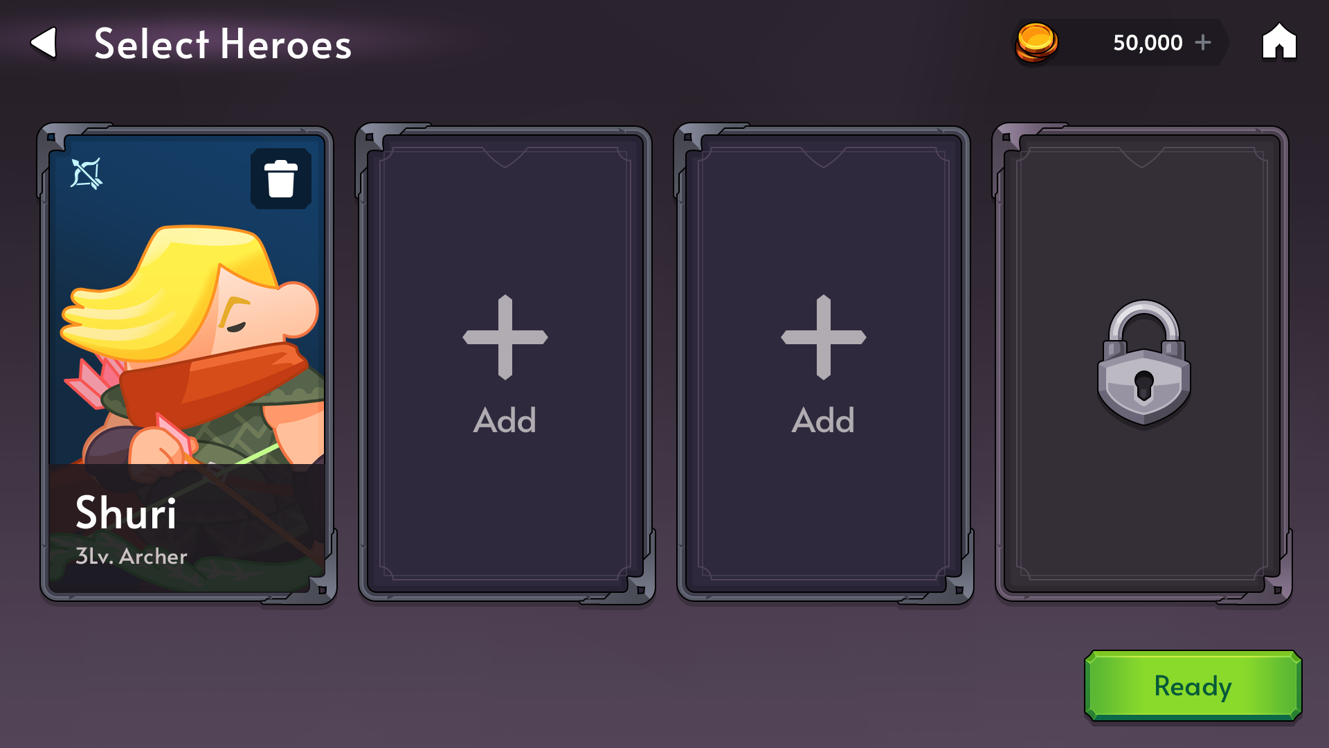 Fantasy RPG mobile game hero selection screen UI showing 3rd level archer character Shuri and empty add slots, Layerlab, store.layerlab