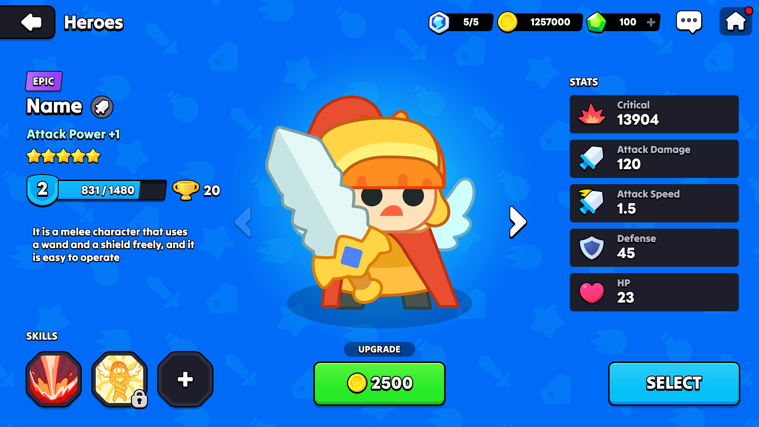Epic hero detail screen in a 2D fantasy RPG showing stats like critical, attack, speed, defense, and HP with colorful blue background, Layerlab, store.layerlab