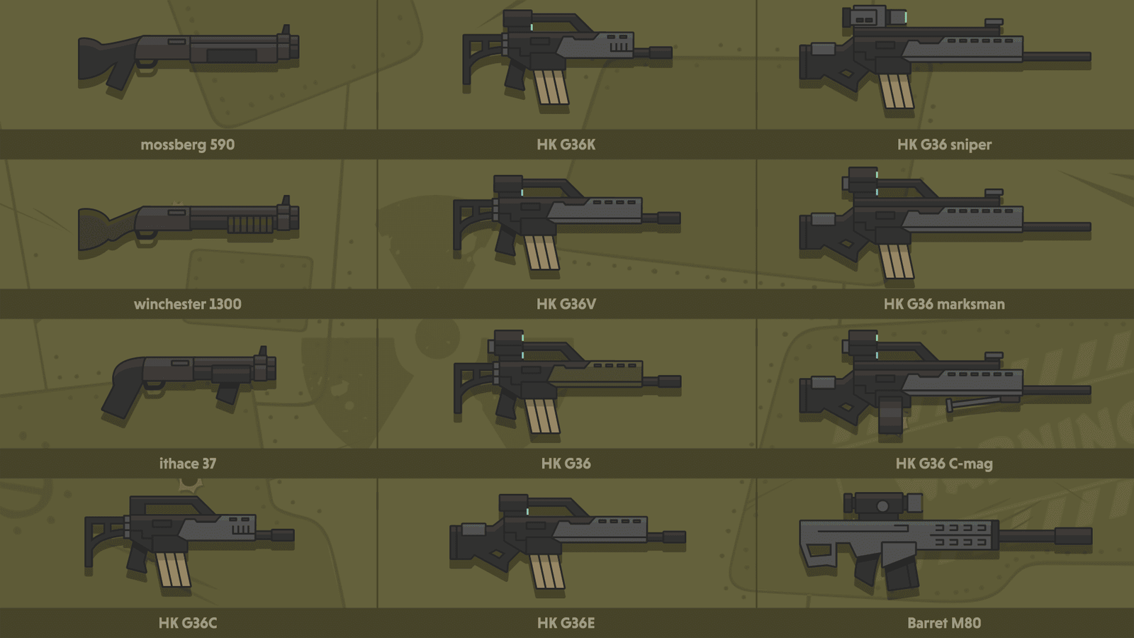 Two-dimensional military icons from LAYERLAB Shop featuring various military equipment and symbols in a clean design.
