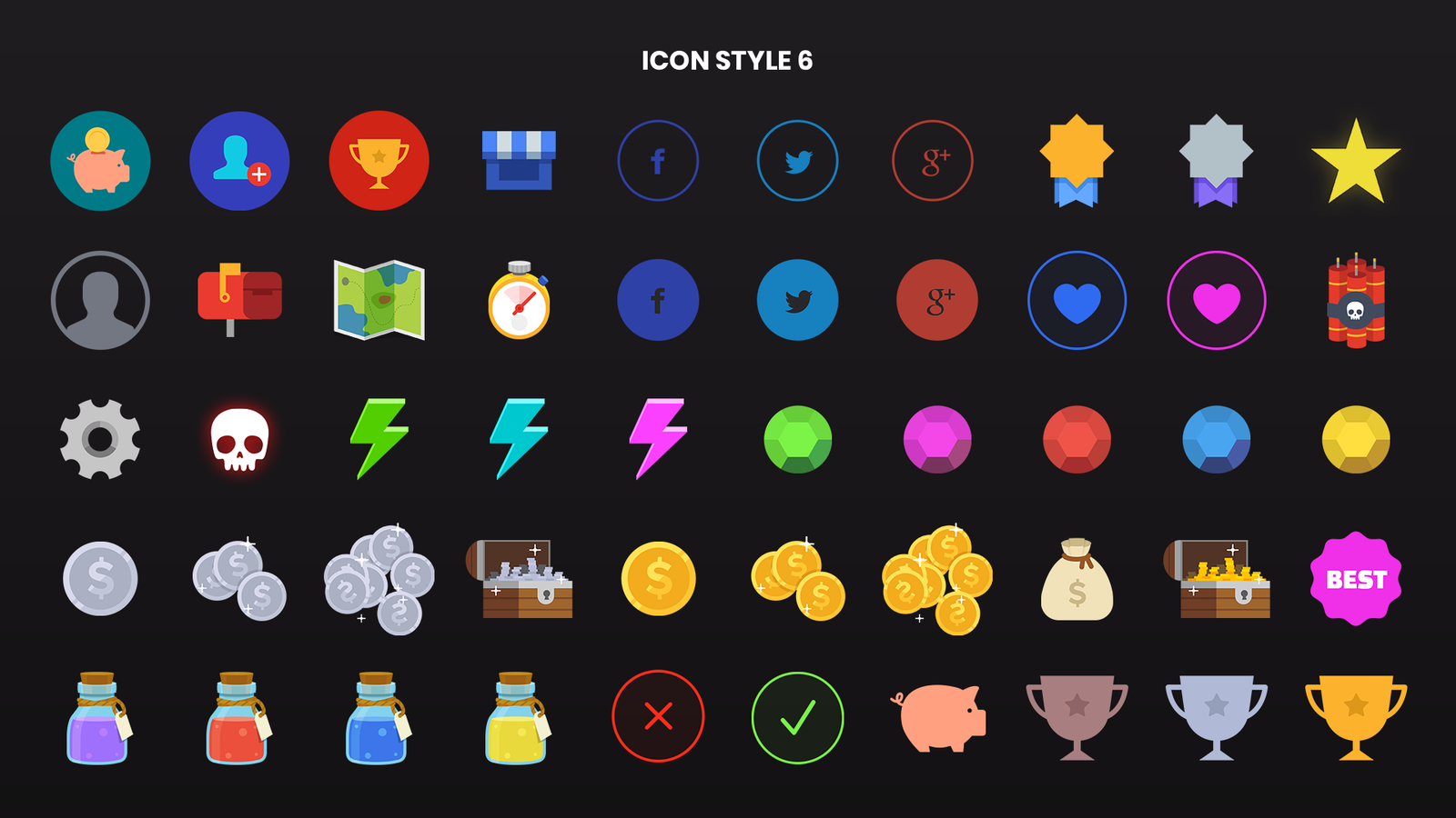 Set of 2D icons from LAYERLAB Shop, featuring a variety of colorful, modern digital and interface graphic icons.