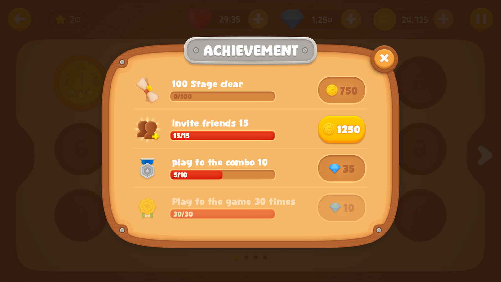 LayerLab Shop GUI wooden interface achievement screen showing progress and unlocked badges in a sleek, modern design.