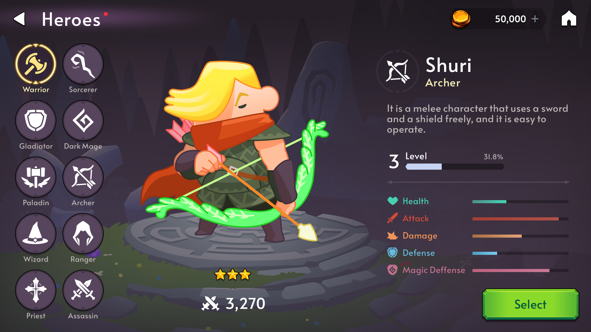Fantasy RPG mobile game character information screen UI showing level 3 archer Shuri with class selection icons, stats, and select button, Layerlab, store.layerlab
