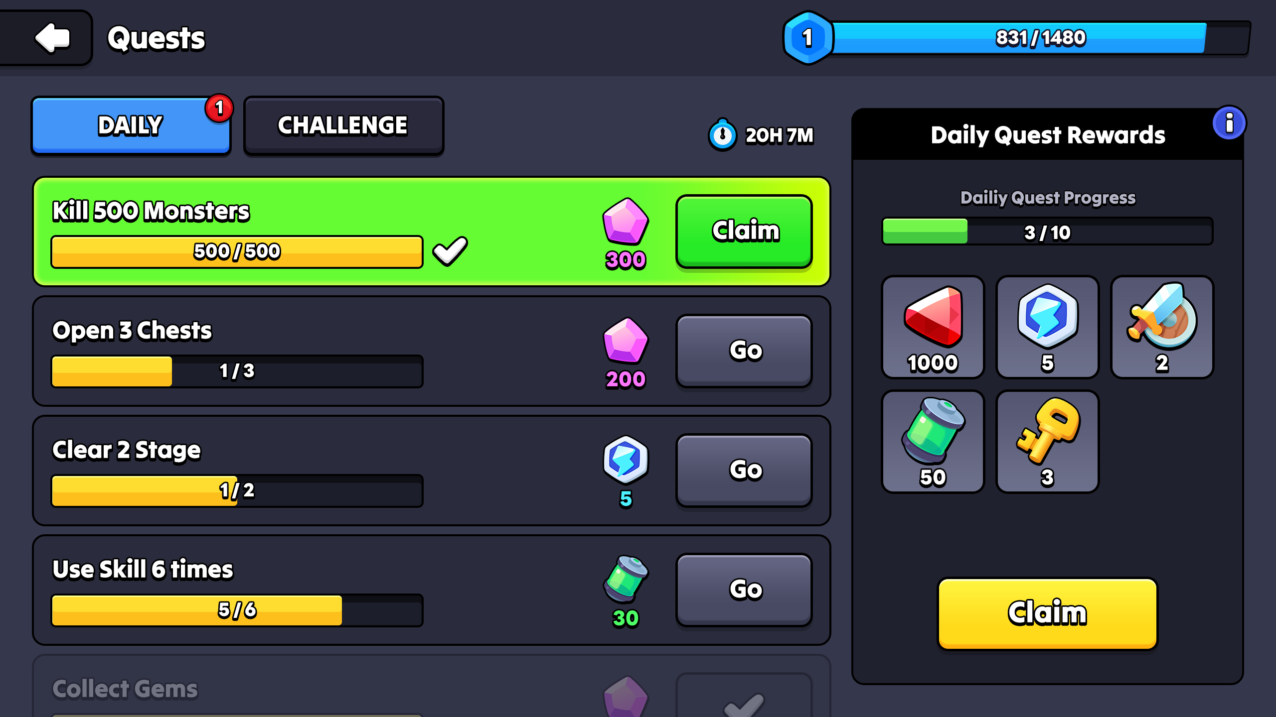Daily and challenge quest UI showing missions like killing monsters and opening chests with reward icons and progress bars, casual RPG interface, Layerlab, store.layerlab