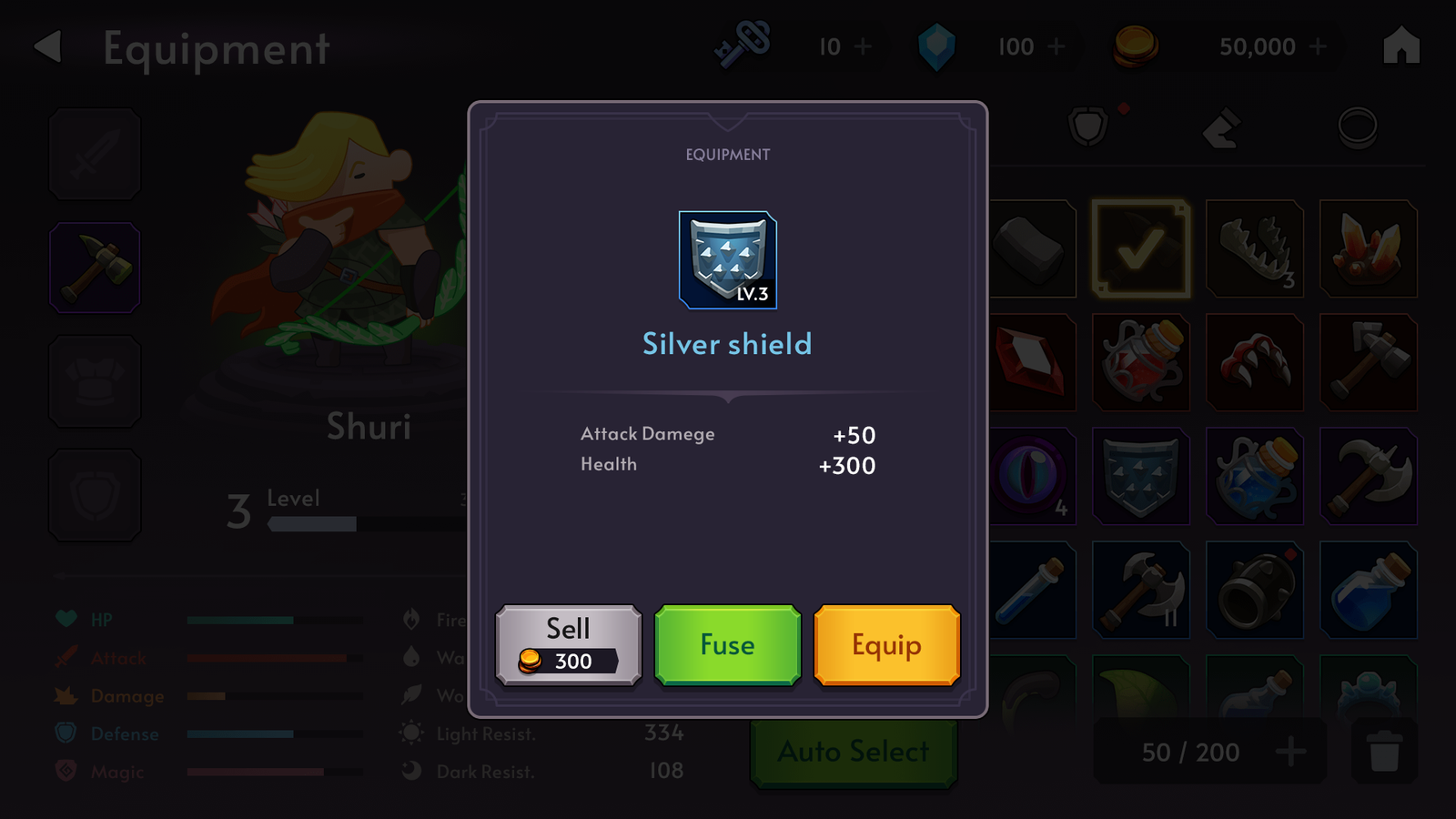 Fantasy RPG mobile game equipment detail popup UI showing level 3 Silver Shield with attack and health stats, and Sell, Fuse, Equip buttons, Layerlab, store.layerlab