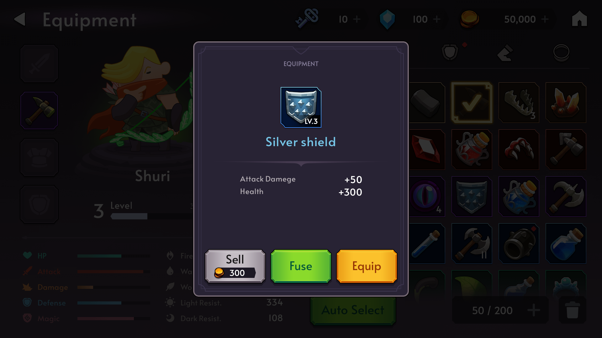 Fantasy RPG mobile game equipment detail popup UI showing level 3 Silver Shield with attack and health stats, and Sell, Fuse, Equip buttons, Layerlab, store.layerlab