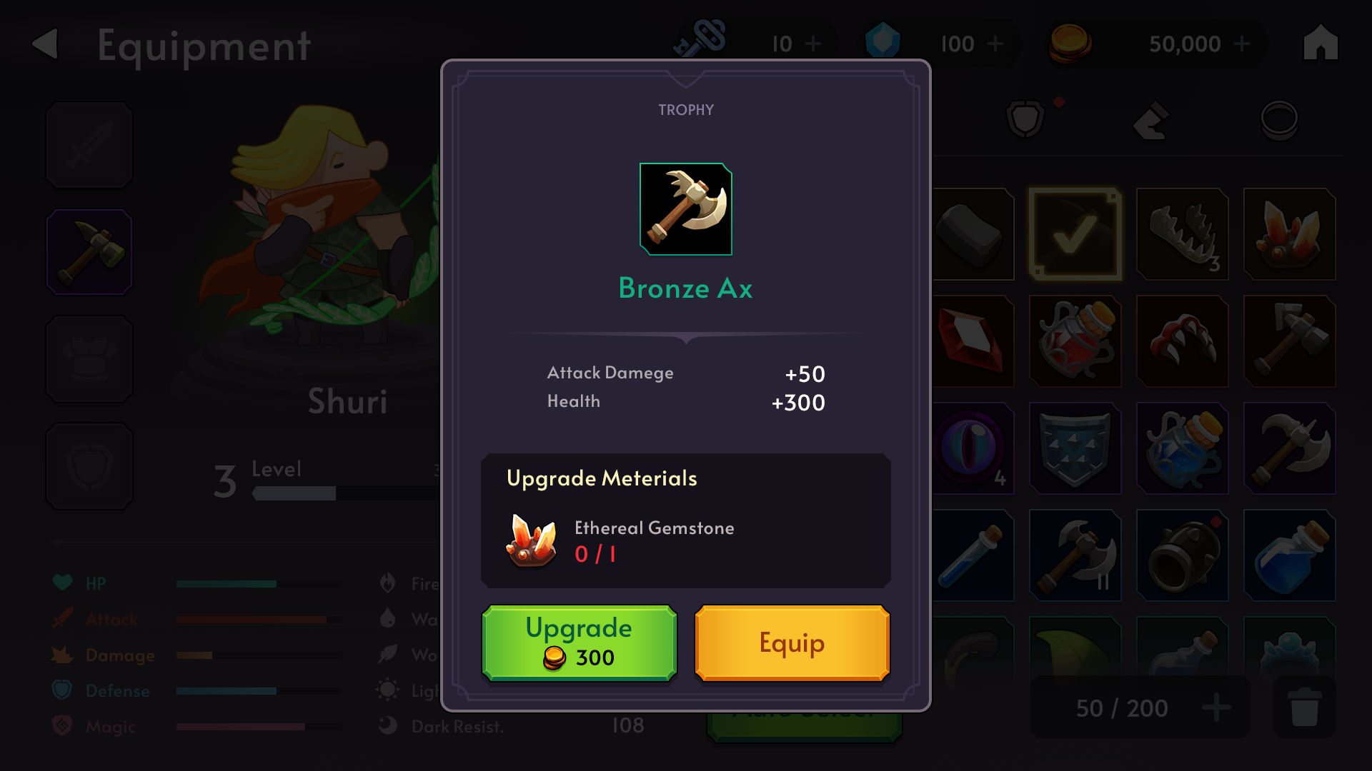 Fantasy RPG mobile game equipment detail popup UI showing Bronze Ax with attack and health stats, upgrade materials, and Upgrade or Equip buttons, Layerlab, store.layerlab