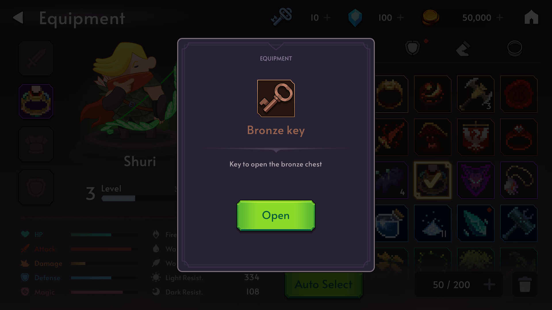 Fantasy RPG mobile game equipment detail popup UI showing Bronze Key item used to open chests, with green open button, Layerlab, store.layerlab