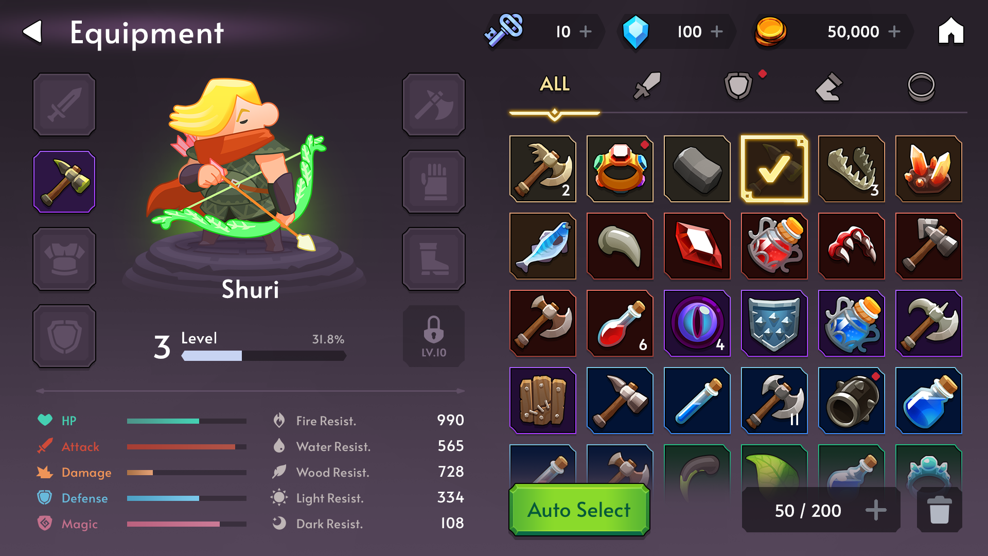Fantasy RPG mobile game equipment and inventory screen UI with level 3 archer Shuri, item icons, stats, and auto select button, Layerlab, store.layerlab