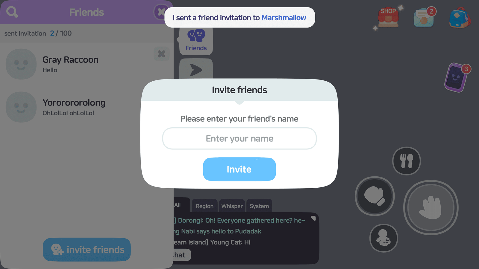 LayerLab Shop GUI Life Game interface showing friends invite popup with colorful design and invitation options.