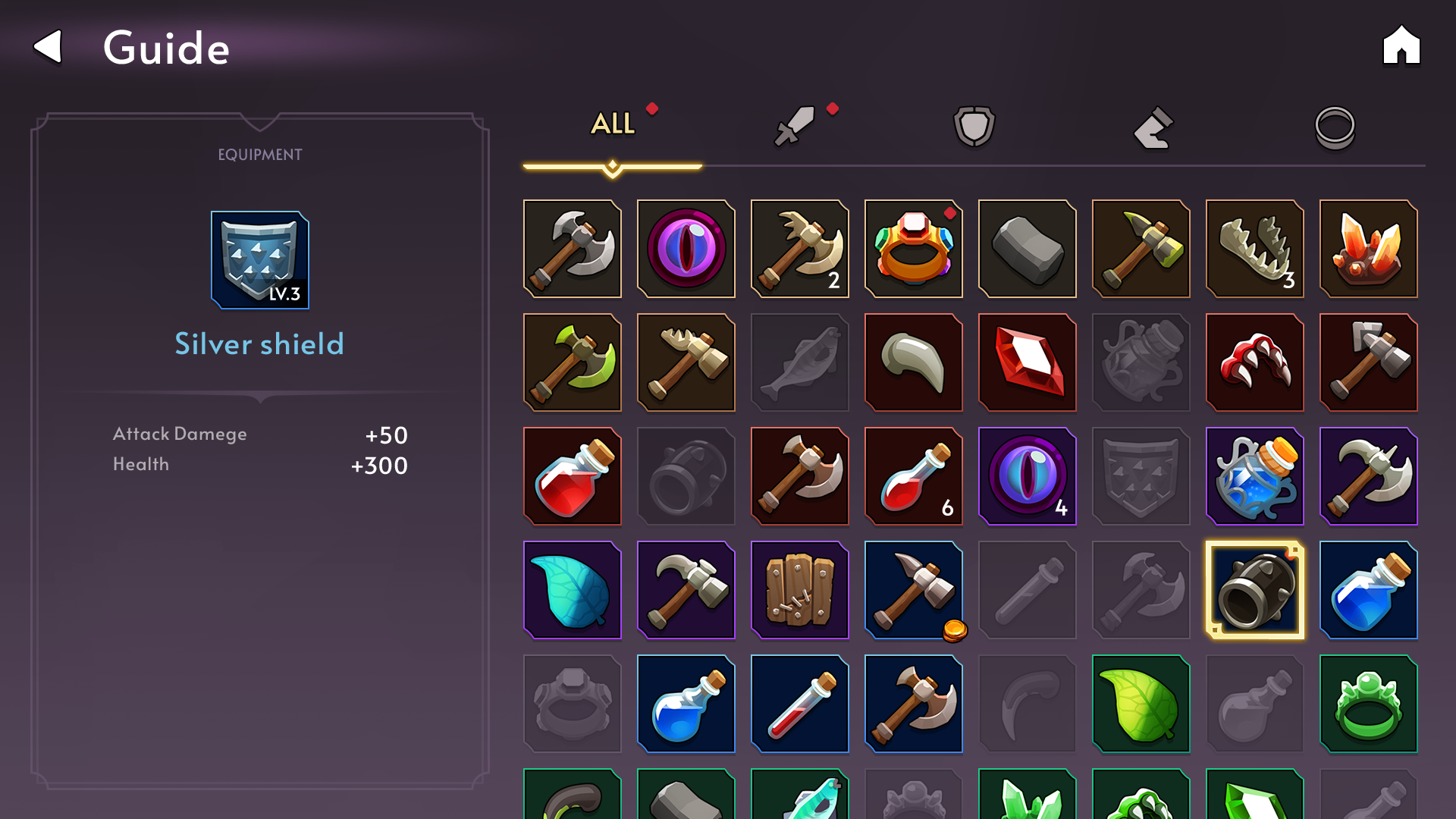 Fantasy RPG mobile game guide screen UI showing Silver Shield item stats and full equipment list with weapons, potions, and materials, Layerlab, store.layerlab
