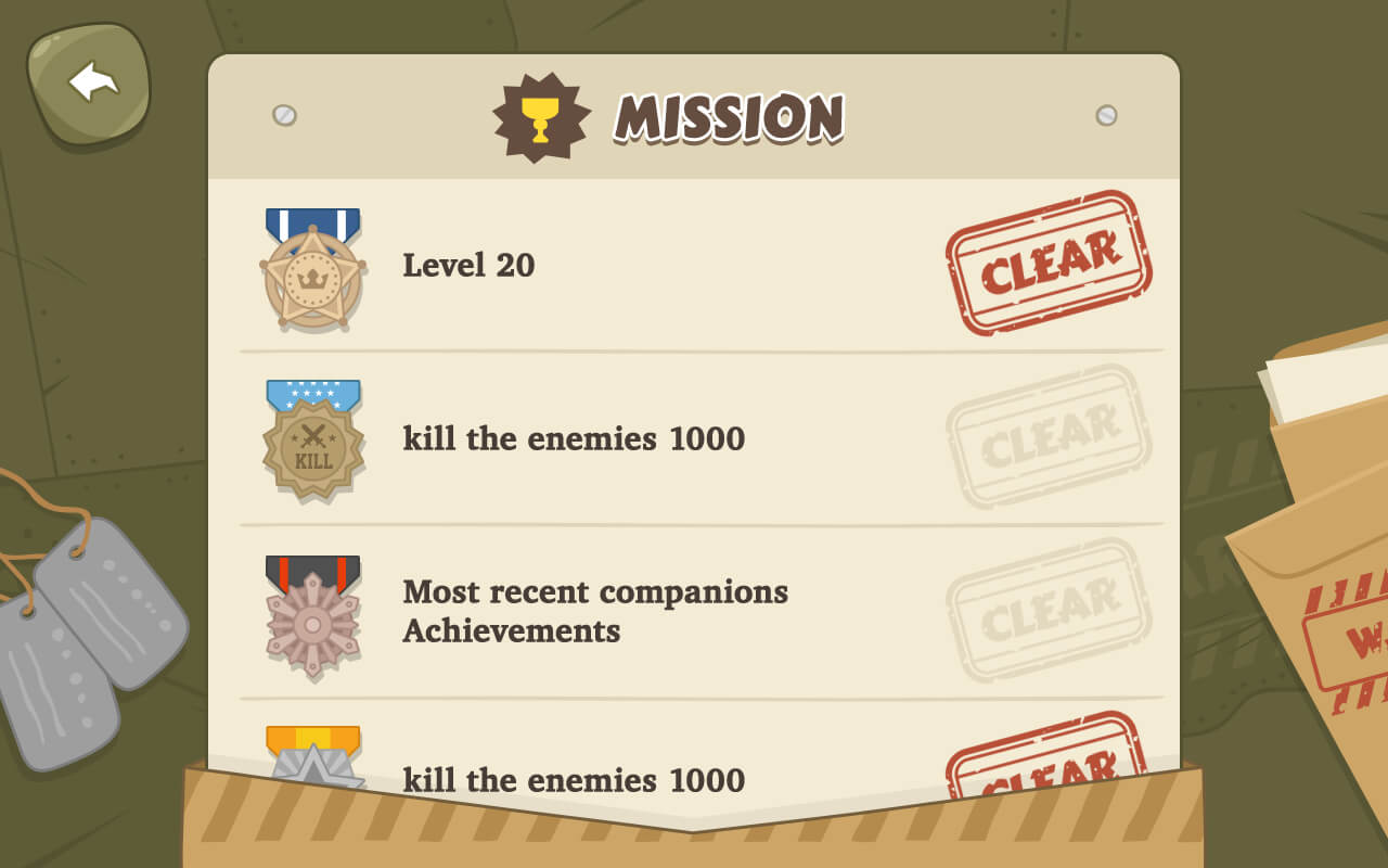 Cartoon military interface screen titled "08 Mission" with colorful military icons and map elements by LAYERLAB Shop.