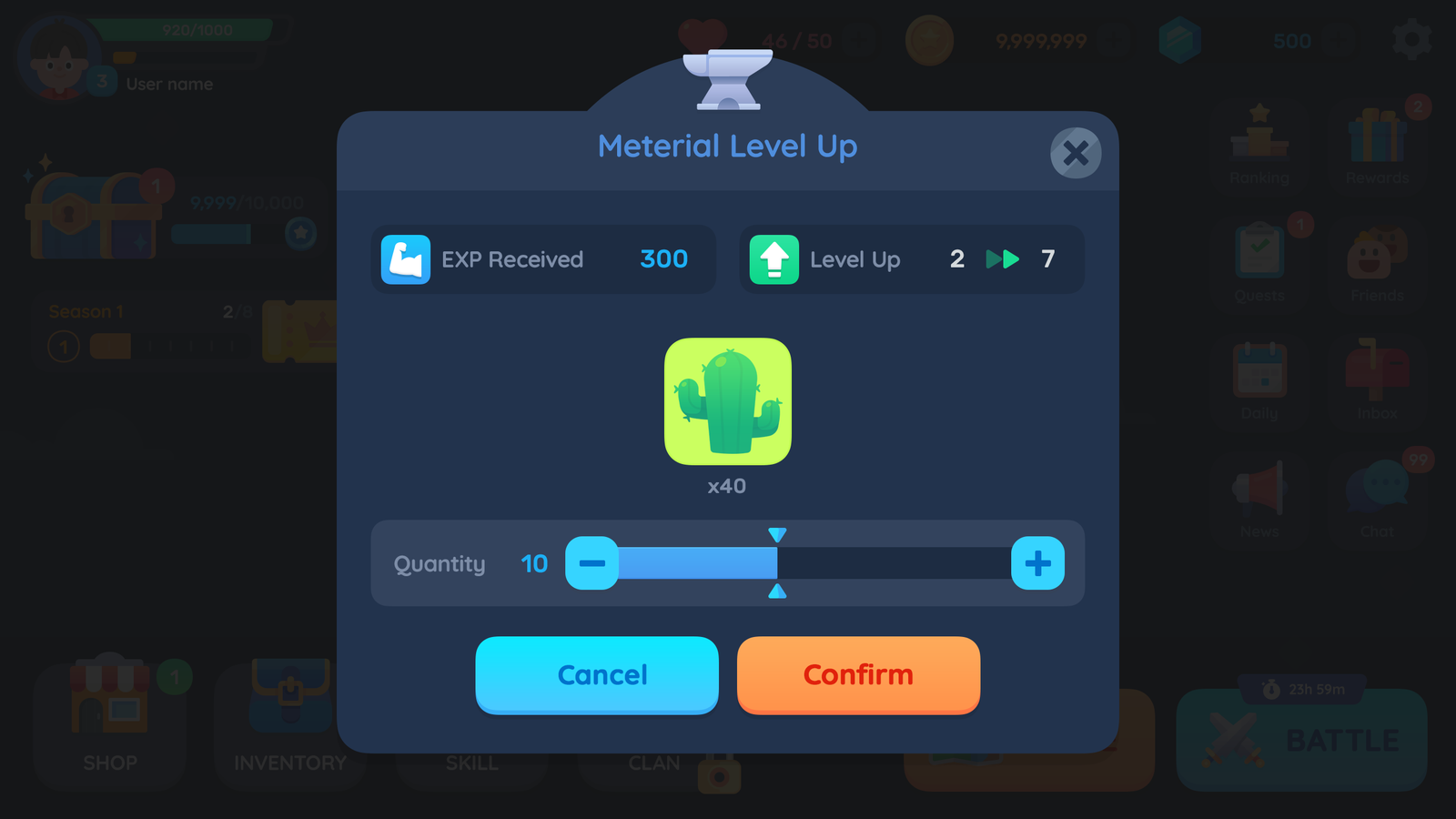 LayerLab GUI Pro interface with casual design elements, featuring a clean layout and colorful icons on the material level up screen.