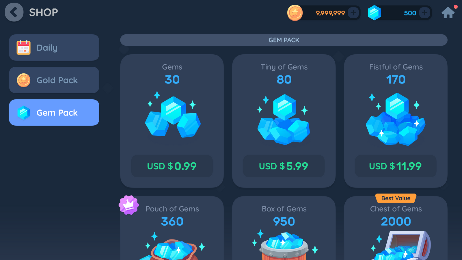 LayerLab Shop GUI Pro simple casual interface design featuring a colorful gem icon on a digital interface background.