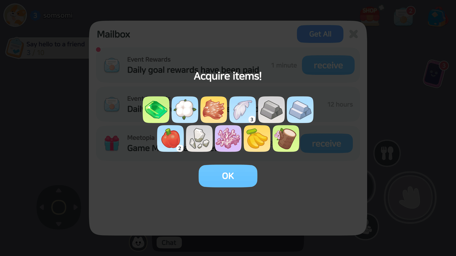 LayerLab Shop GUI life game interface showing a mailbox claim screen with colorful icons and text elements.