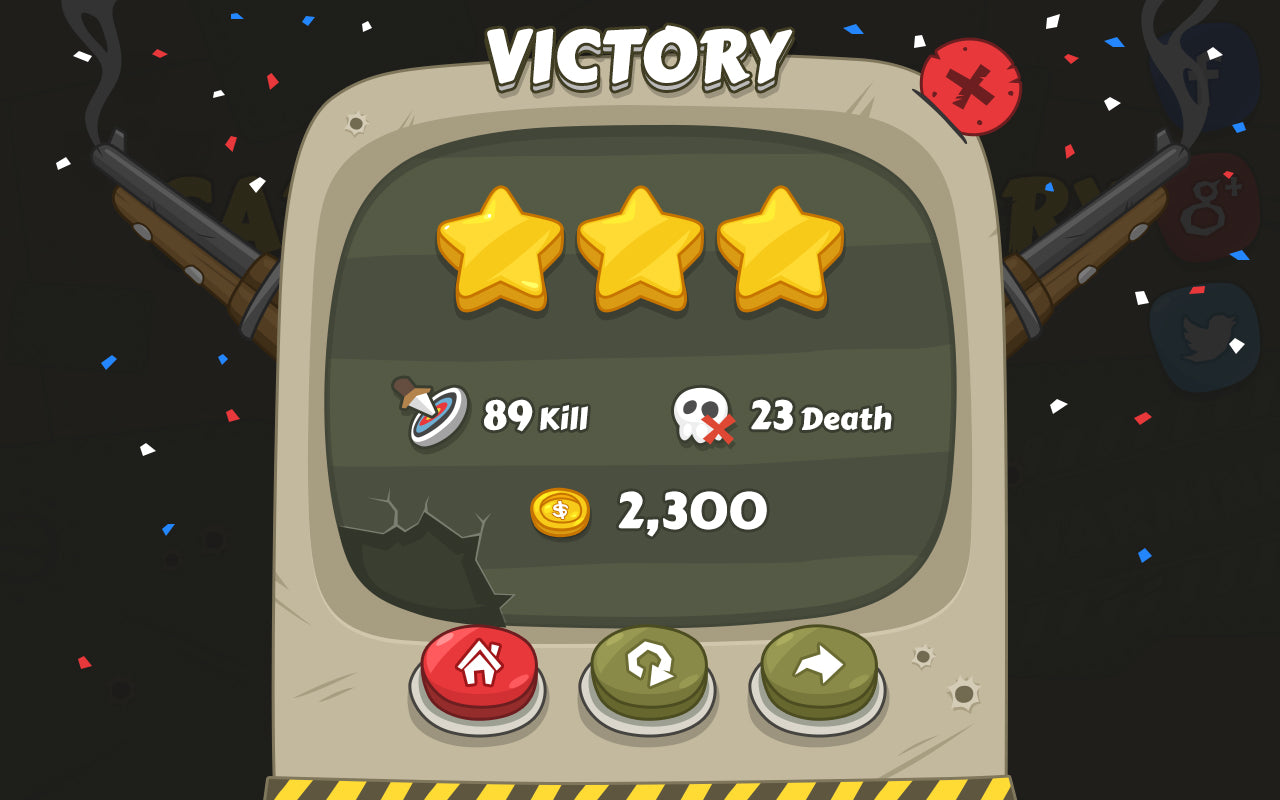 Cartoon military-themed interface design by LAYERLAB Shop featuring score display with military graphics and bold colors.