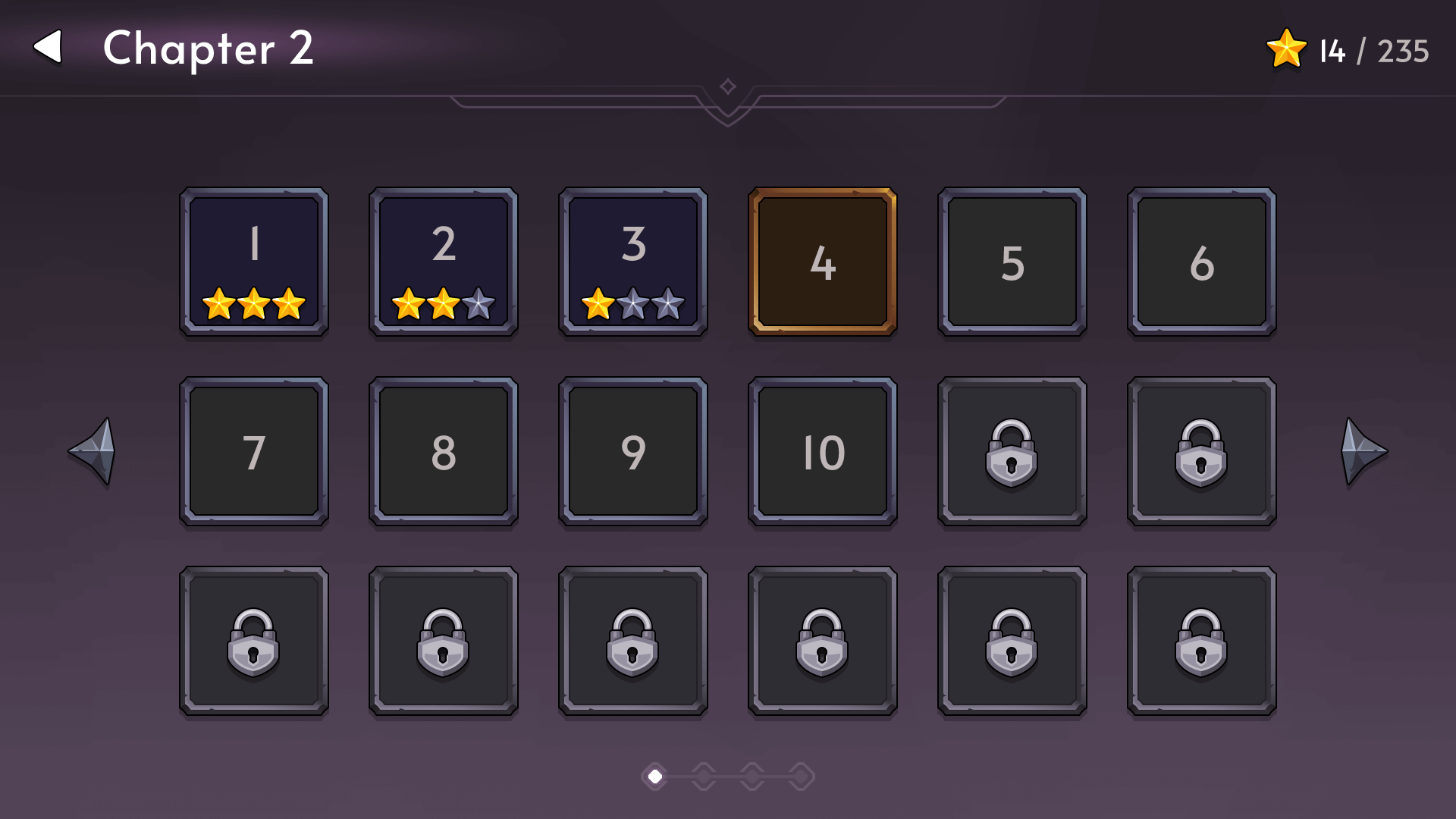 Fantasy RPG mobile game chapter select screen UI showing stage progression with star ratings, locked stages, and navigation arrows, Layerlab, store.layerlab