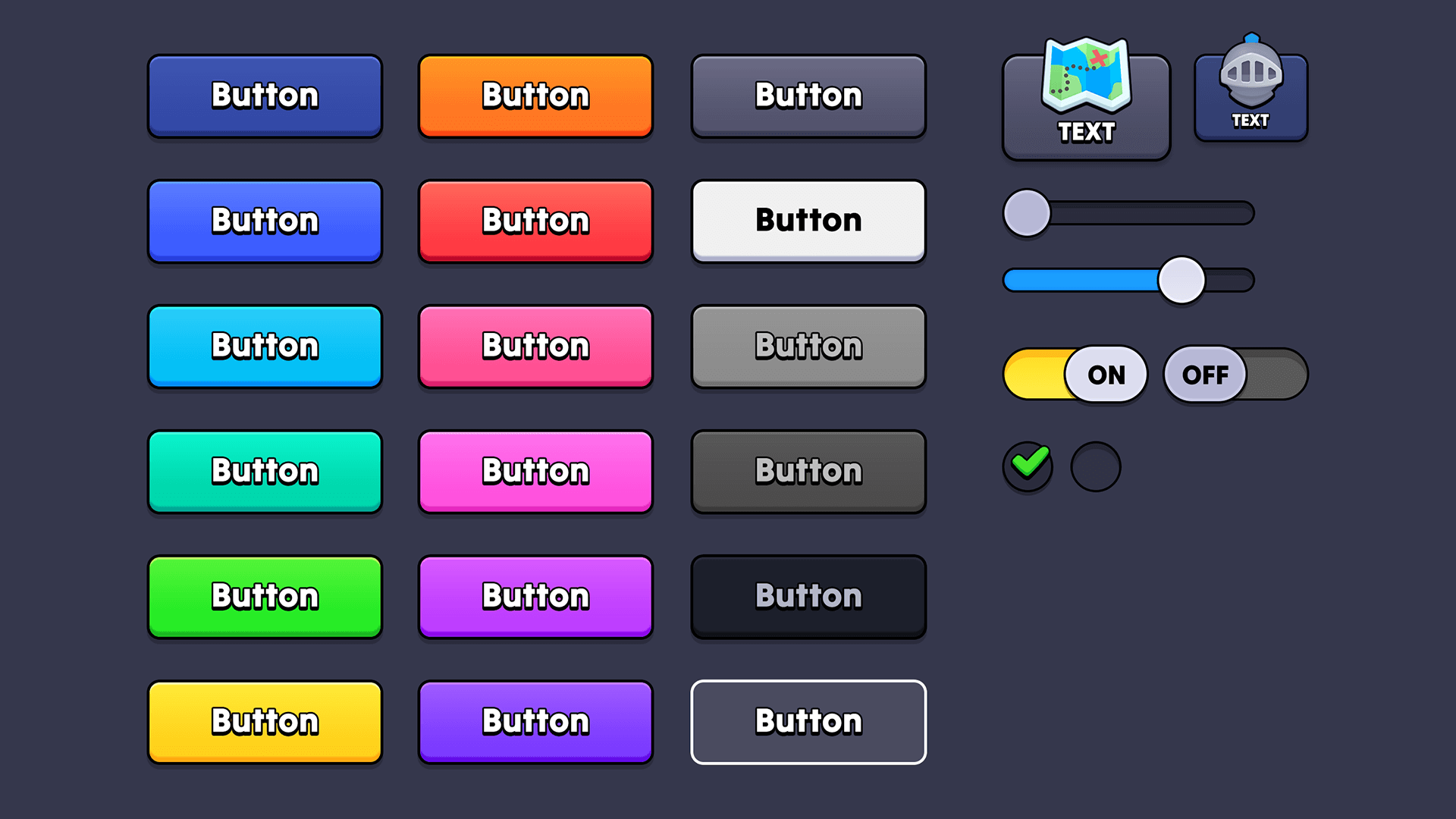 Colorful 2D cartoon game buttons, including blue, orange, pink, purple, and green styles with rounded shapes, stylized UI design, Layerlab, store.layerlab