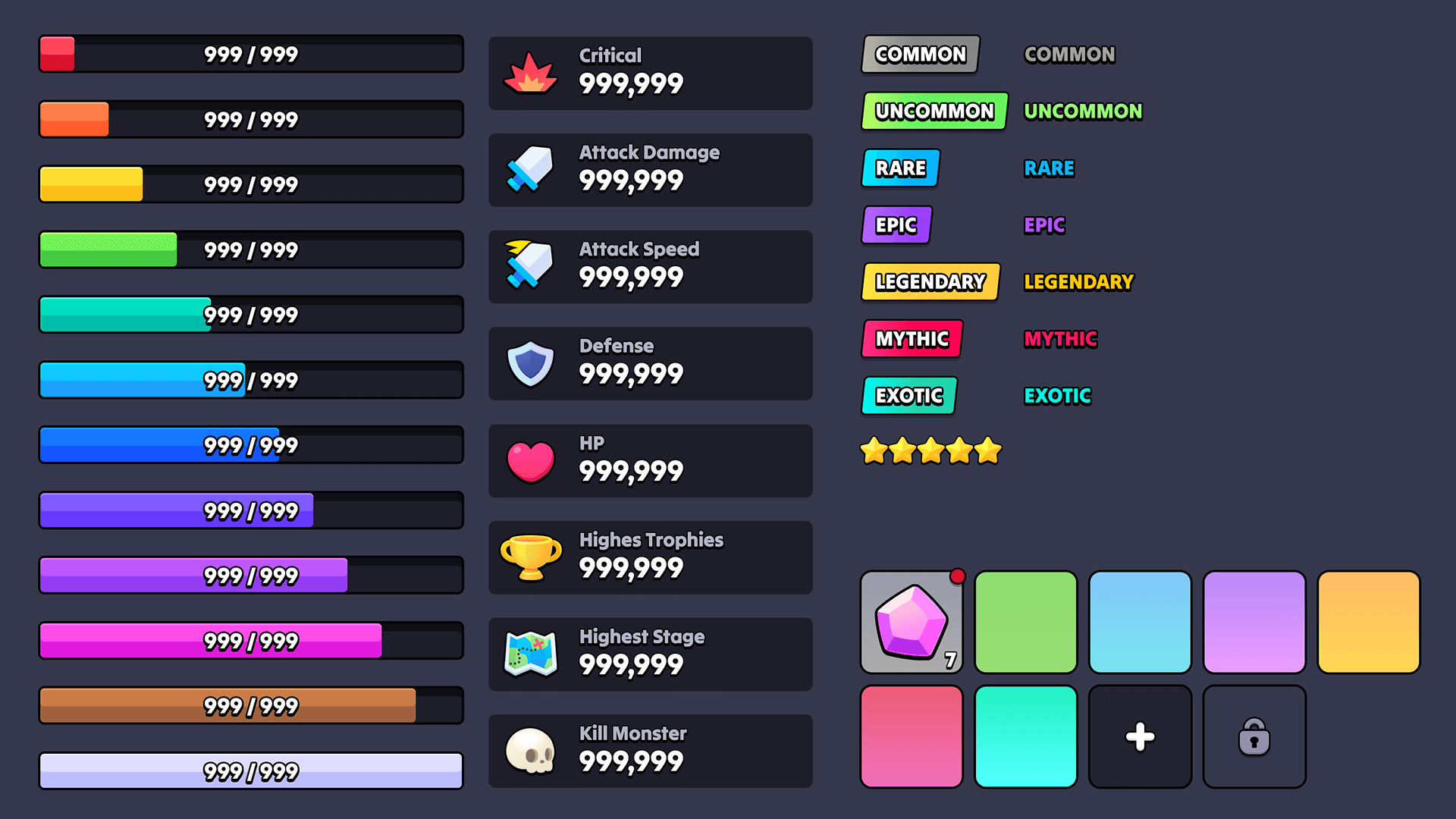 Stylized 2D game UI component set with colorful buttons, toggles, sliders, and icons for mobile and casual games, Layerlab, store.layerlab