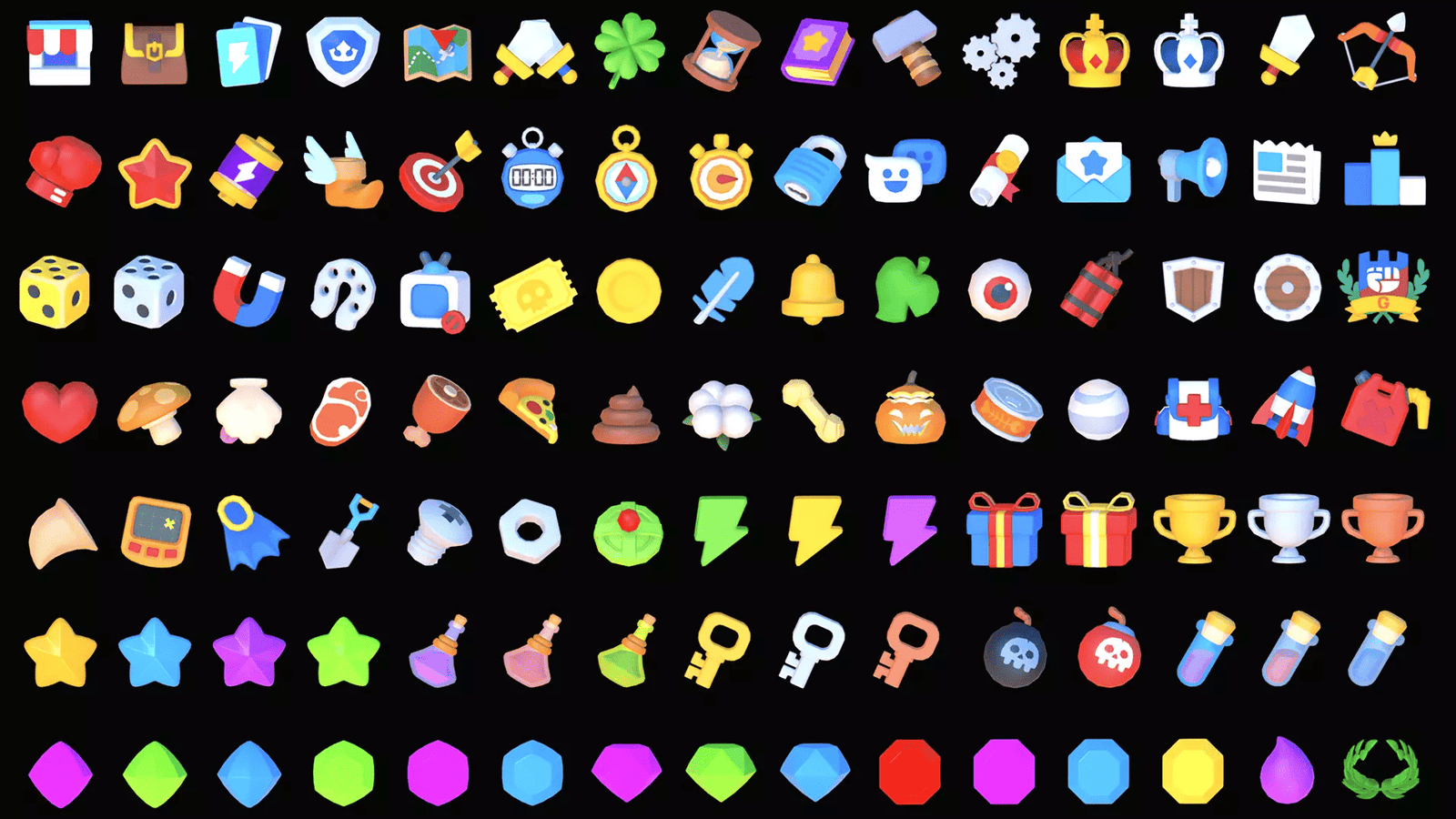 3D icons from LAYERLAB Shop, including basic game-themed symbols in vibrant colors, on a white background.
