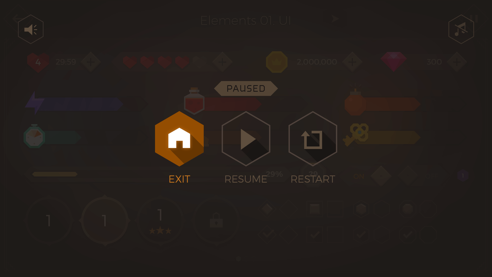 Dark Geo interface by LAYERLAB Shop, featuring a pause icon with geometric dark-themed design.