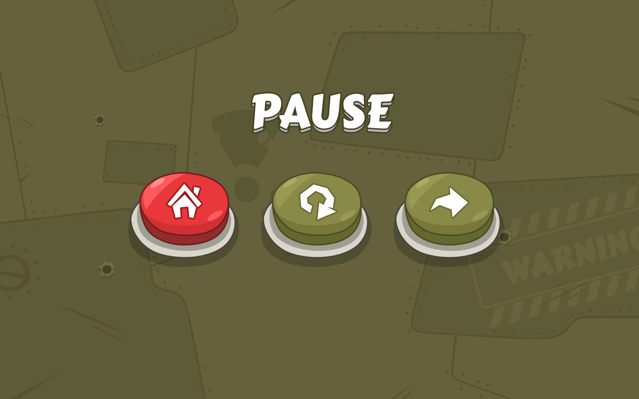 Cartoon military interface by LAYERLAB Shop featuring pause button icon and military-themed graphics in vibrant colors.