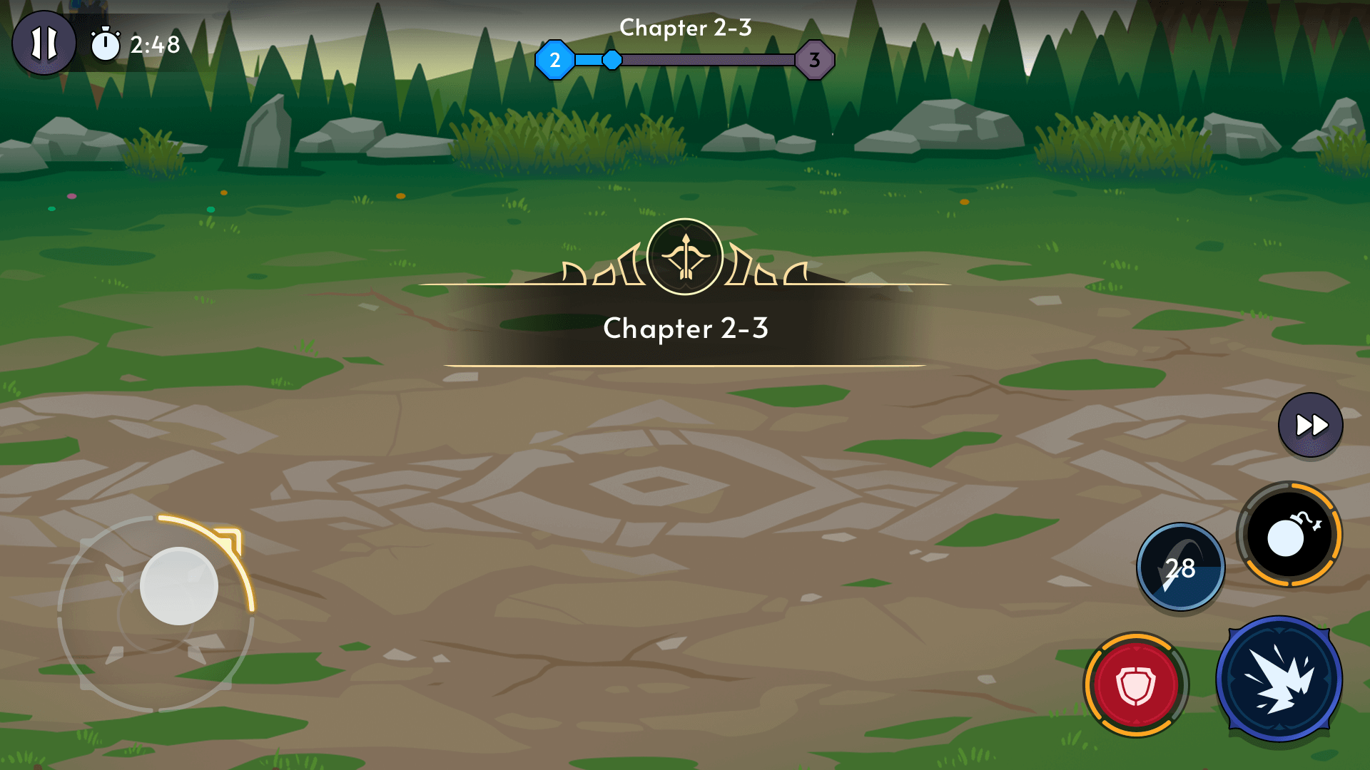 Fantasy RPG mobile game battle start screen UI showing Chapter 2-3 stage intro, progress bar, joystick, and skill buttons, Layerlab, store.layerlab