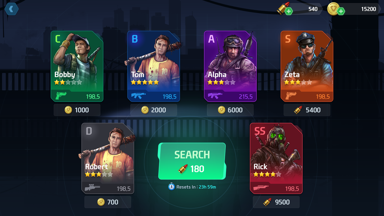 GUI Pro Survival Clean interface by LAYERLAB Shop showing ten survivor search icons on a dark background.