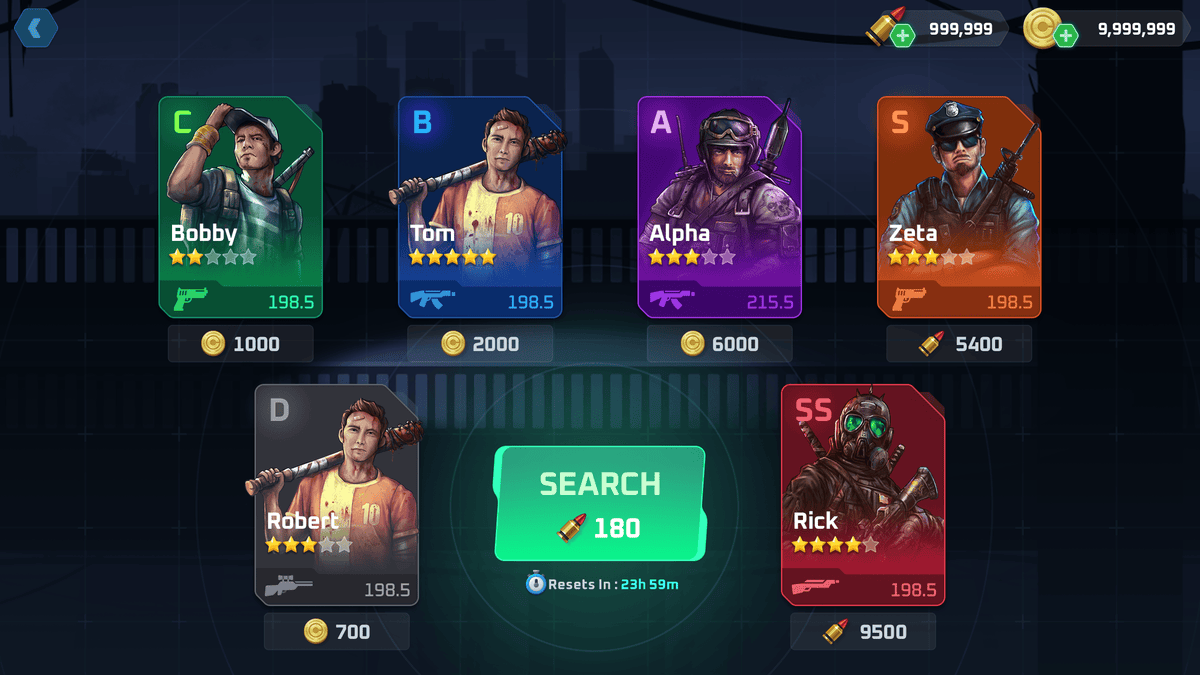 GUI Pro Survival Clean interface by LAYERLAB Shop showing ten survivor search icons on a dark background.