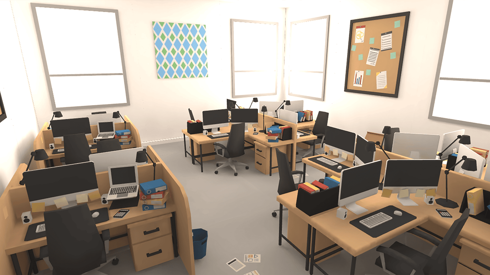 3D office interior props from LAYERLAB Shop showing modern desks, chairs, and office decor in a realistic 3D rendering.