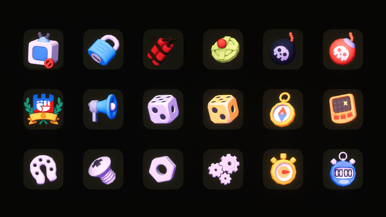 3D game icons from LAYERLAB Shop featuring colorful, stylized symbols on a dark background for digital design projects.