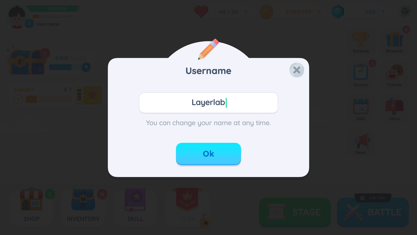 Simple casual GUI interface from LAYERLAB Shop with a popup for name change, featuring clean design elements.