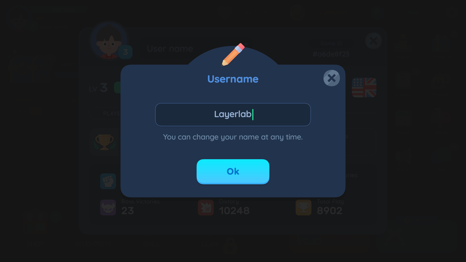 Simple casual GUI interface by LAYERLAB Shop, shown in the popup for name change, featuring clean design and user-friendly layout.