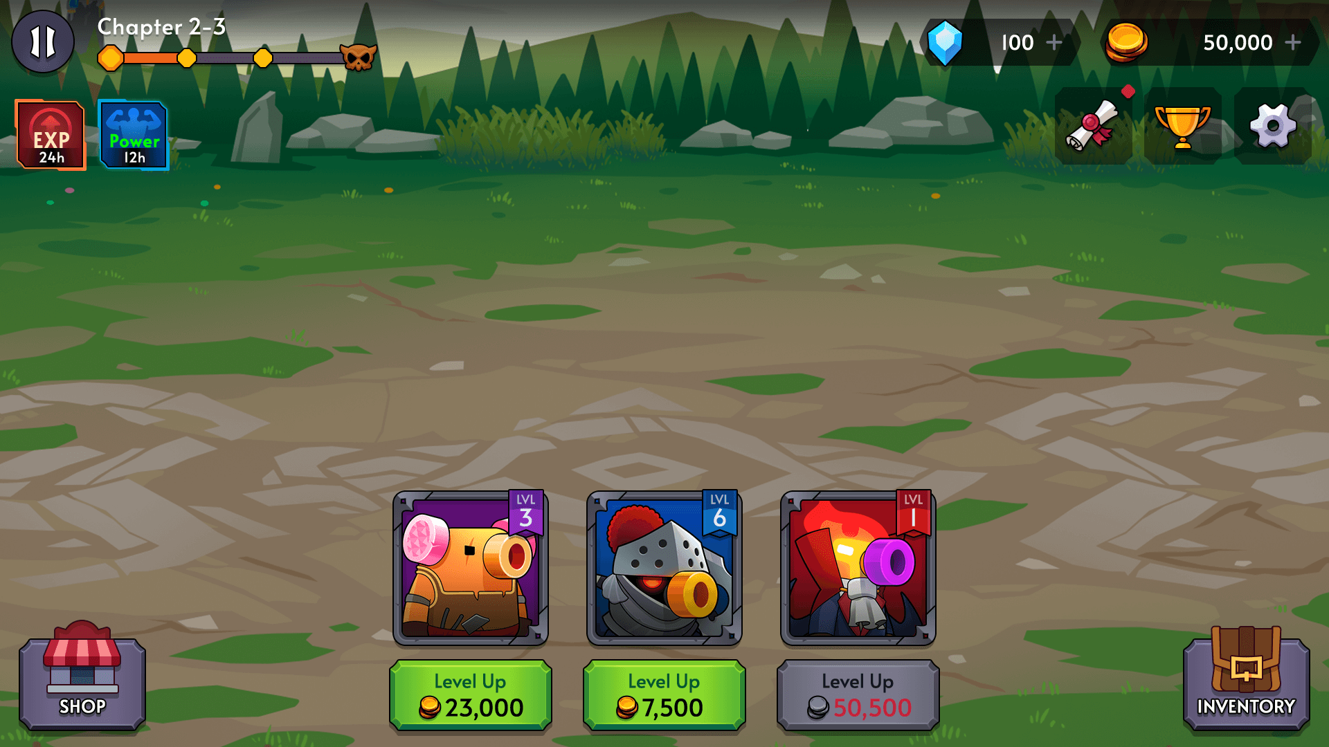Fantasy RPG mobile game battle upgrade screen UI showing Chapter 2-3 stage with hero cards, level-up buttons, and gold cost display, Layerlab, store.layerlab
