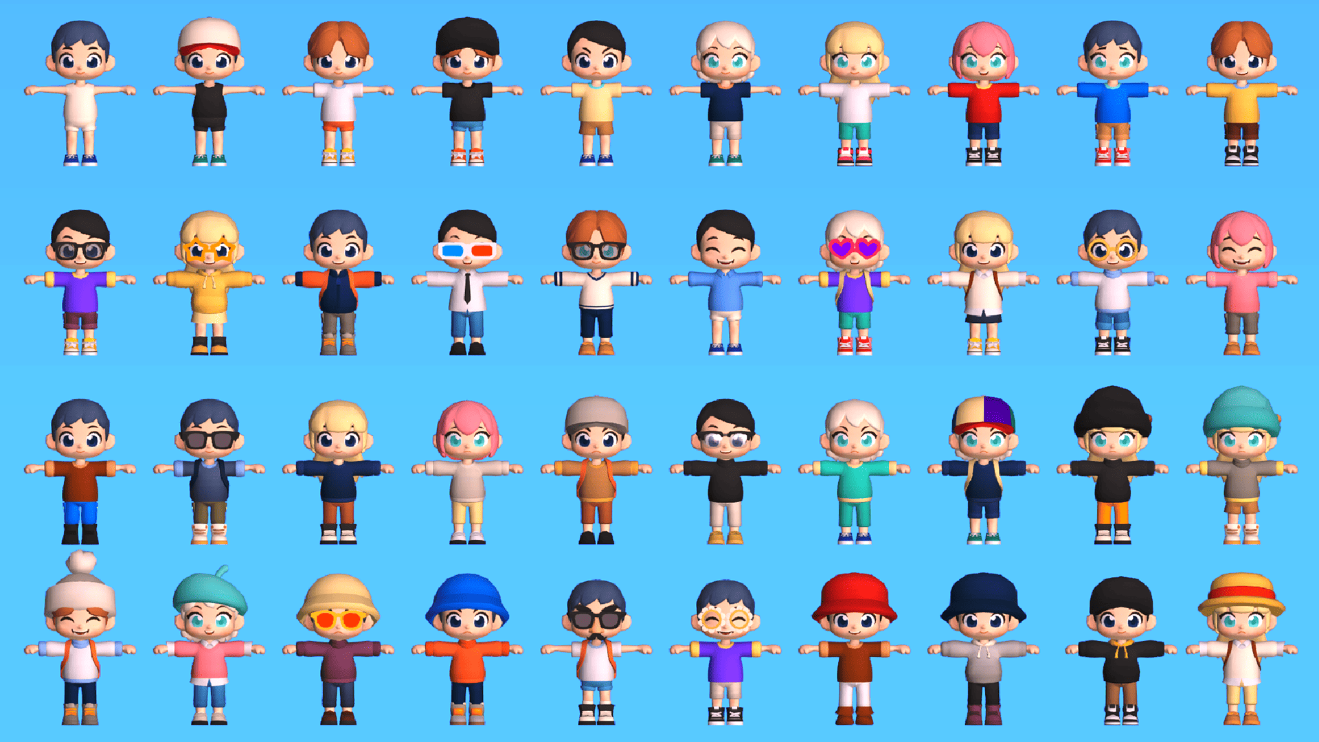 Full-body 3D cartoon kid character collection wearing various casual outfits, hats, glasses, and accessories on blue background, stylized low-poly characters for casual games, Layerlab, store.layerlab