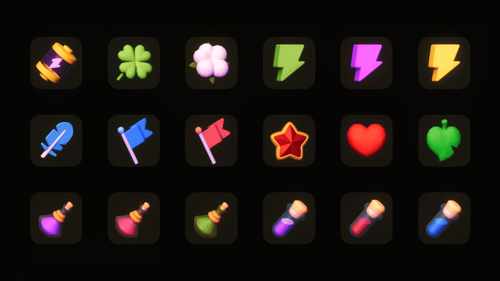3D game icons from LAYERLAB Shop, featuring colorful basic shapes and symbols on a dark background.